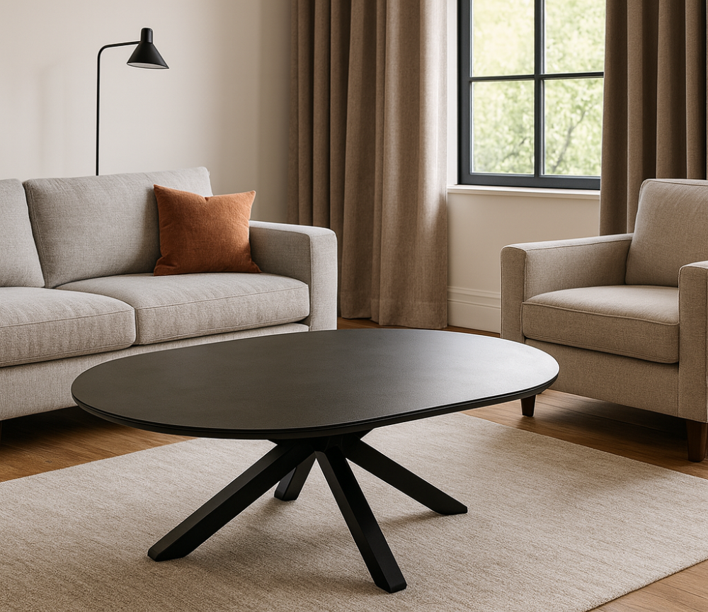 table basse ovale noir céramique vue de biais en ambiance dans un salon contemporain