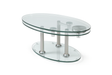Table basse ovale Daniela – vue 3/4 – verre trempé transparent – pieds métal chromé
