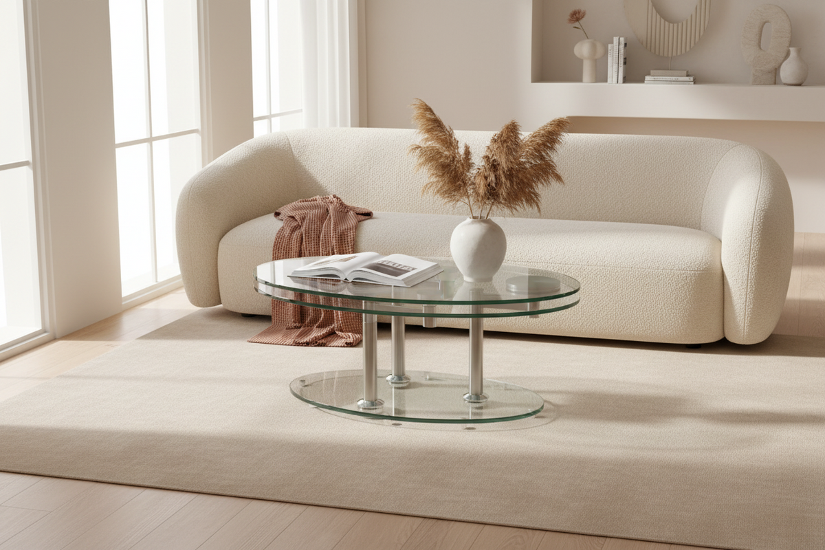 Table basse ovale Daniela – vue 3/4 – verre trempé transparent – pieds métal chromé