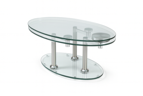 Table basse ovale en verre “Daniela” – vue fermée sur fond blanc, design métal chromé et verre trempé transparent.