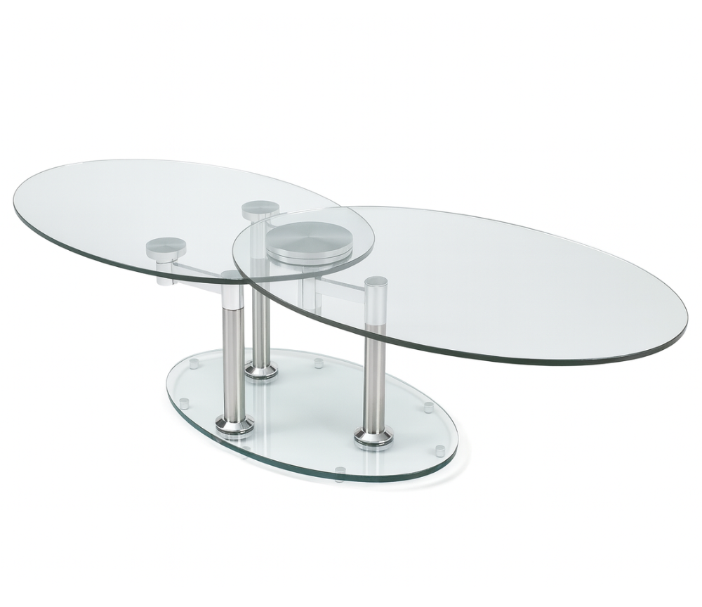 Table basse ovale Daniela – système rotatif – ouvert – verre trempé transparent