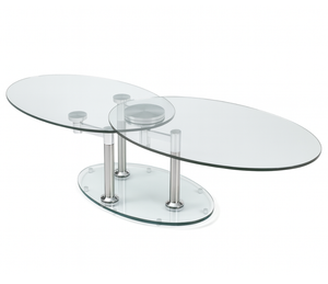 Table basse ovale Daniela – système rotatif – ouvert – verre trempé transparent