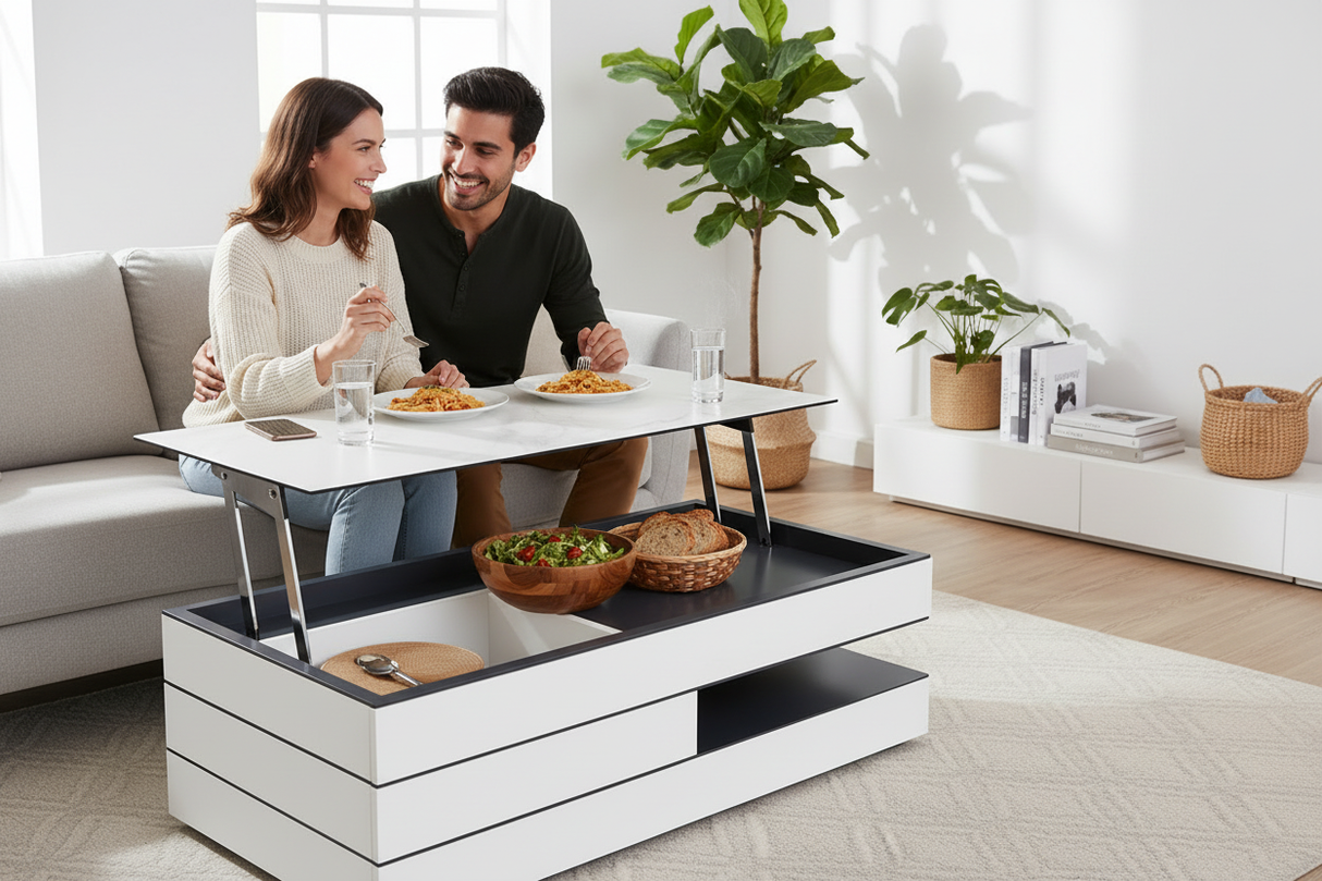 table basse relevable blanche avec plateau céramique marbre noir en position repas, couple partageant un déjeuner convivial sur le canapé - Souffle d'Intérieur