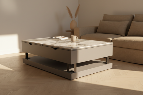 Torino table basse plateau relevable céramique effet marbre – position relevée, vue de trois quarts