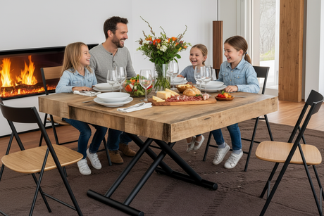 Déjeuner famille sur une table basse relevable en bois etxtensible 