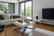 Table basse relevable extensible effet béton pieds croix noirs design Iris Altacom - Souffle d'Intérieur
