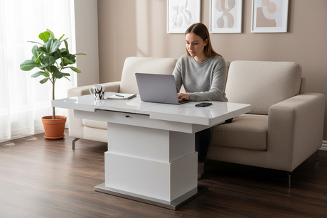 Table basse relevable blanche - Télétravail canapé