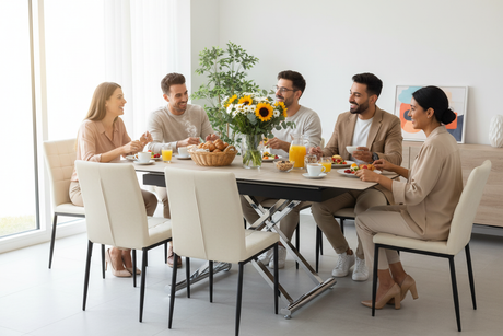 Table basse relevable céramique bois - Déjeuner avec chaises