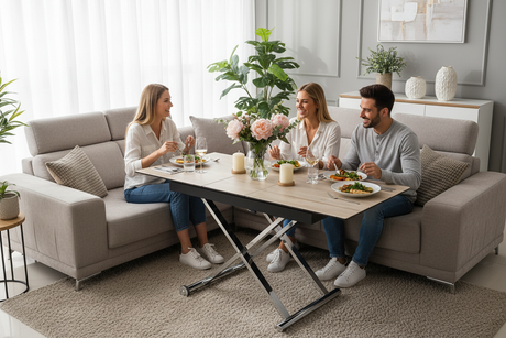 Table basse relevable céramique bois - Repas convivial