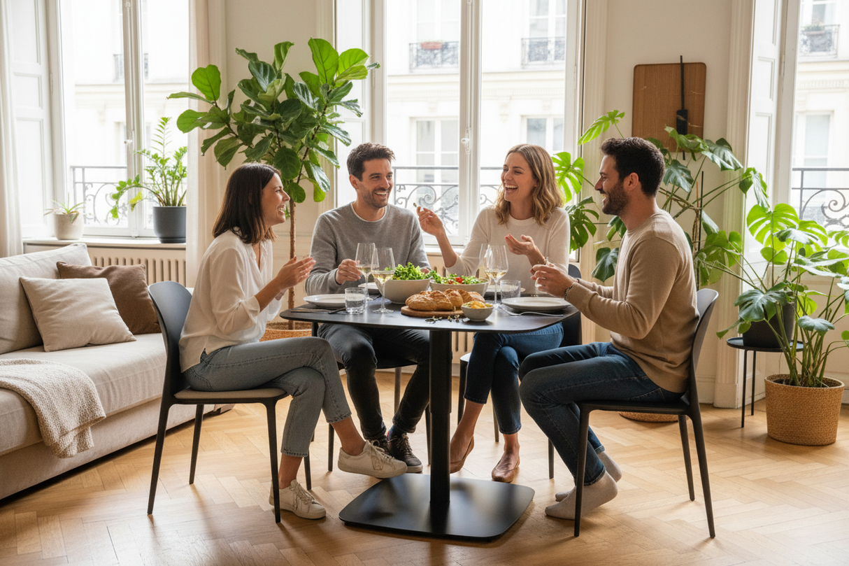 Table basse relevable ceramique effet marbre noir avec chaises déjeuner convivial