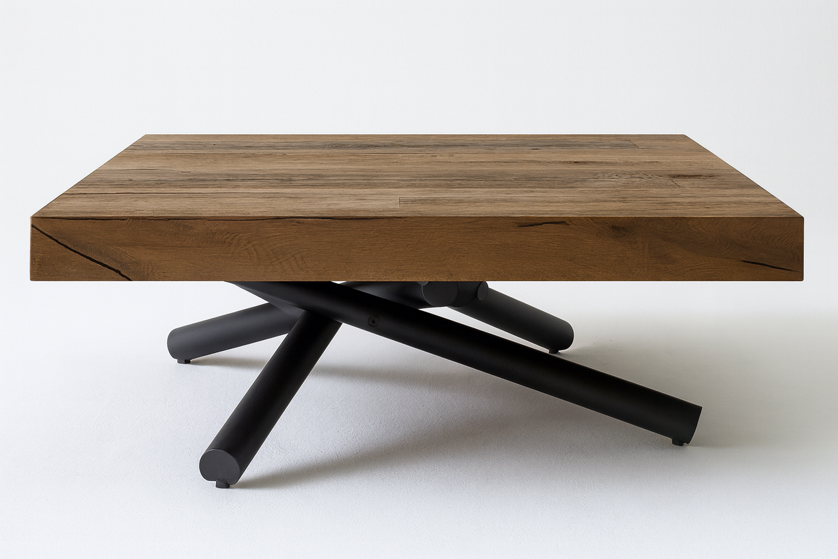 table basse relevable en bois massif avec pieds metal croisées extensible sur un fond blanc 