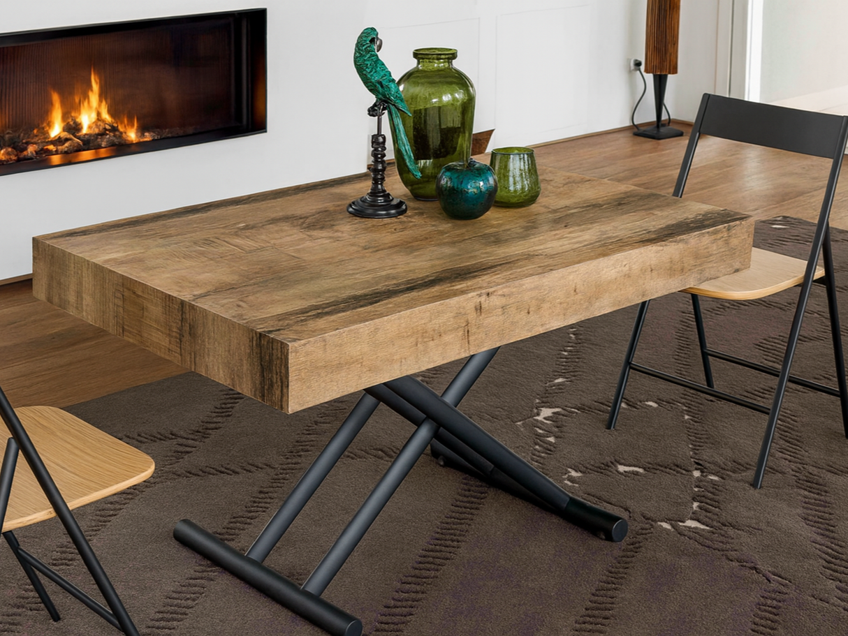 table basse relevable extensible en bois mise en situation semi ouverte dans une salle a manger contemporaine