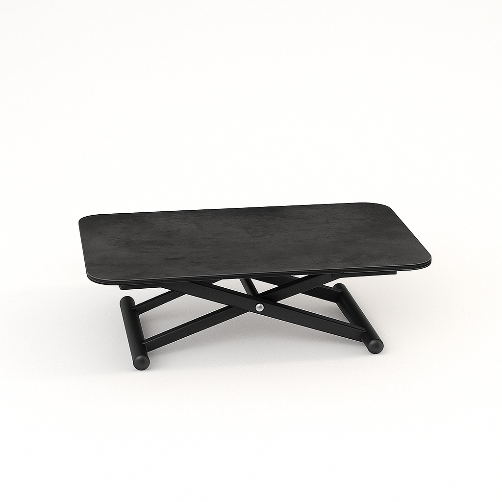 Table basse relevable et extensible en céramique – modèle Enora par Souffle d’Intérieur, design contemporain avec plateau modulable et vérin à gaz.