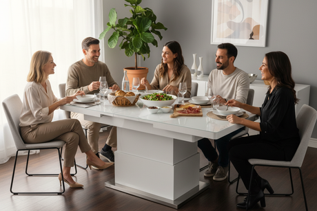Table basse relevable extensible blanche - Déjeuner convivial