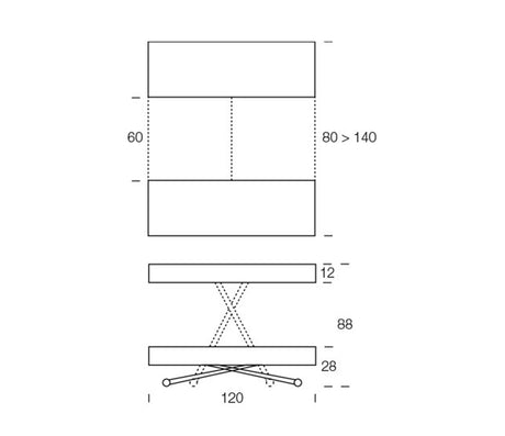 dessin technique des dimensions d'une Table basse relevable extensible bois - Altacom - Souffle d'intérieur
