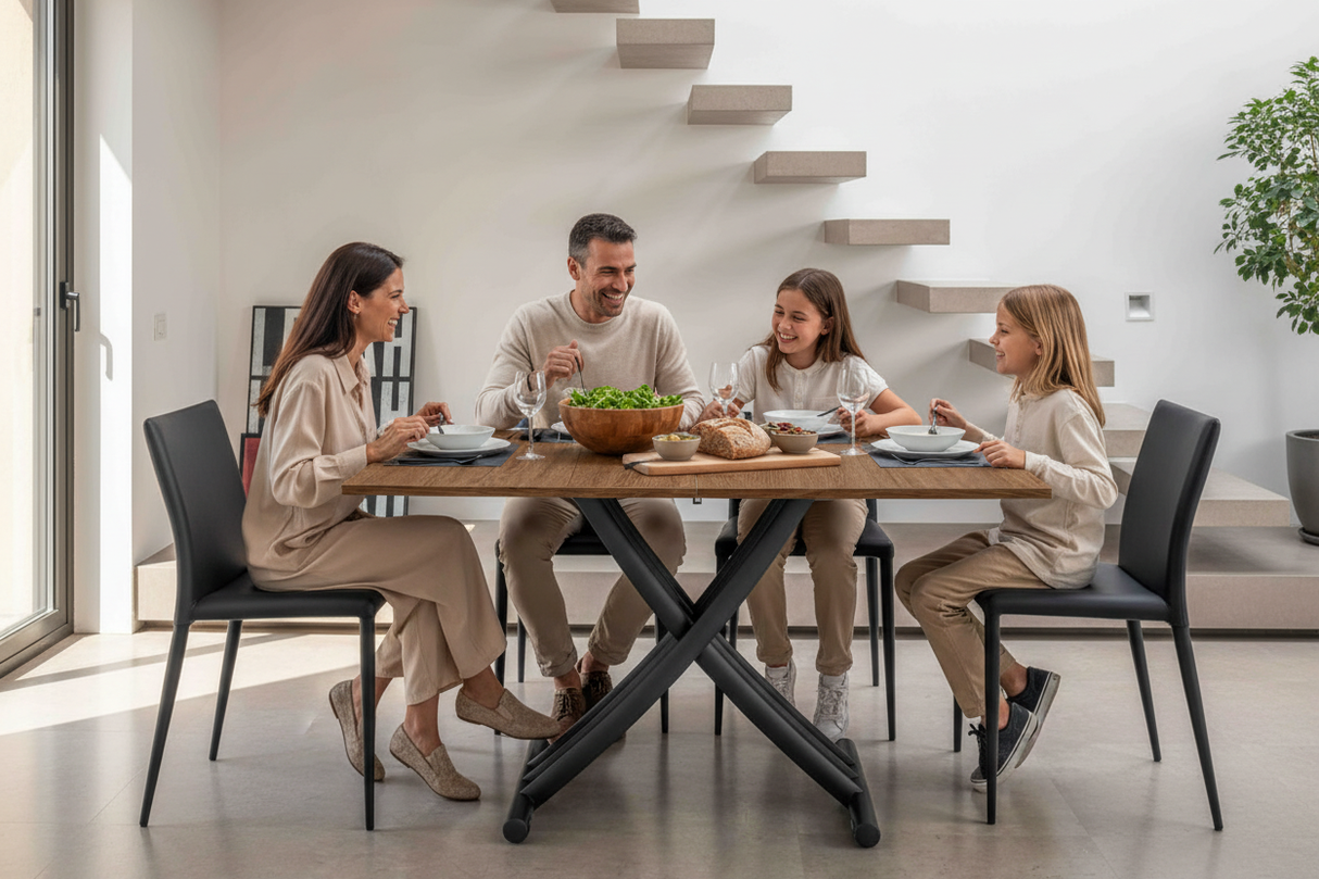 Famille déjeuner sur une table basse extensible en bois