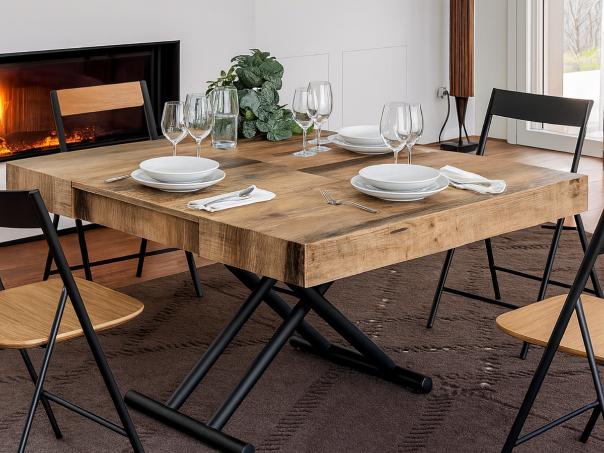 table basse relevable extensible en bois mise en situation ouverte dans une salle a manger contemporaine