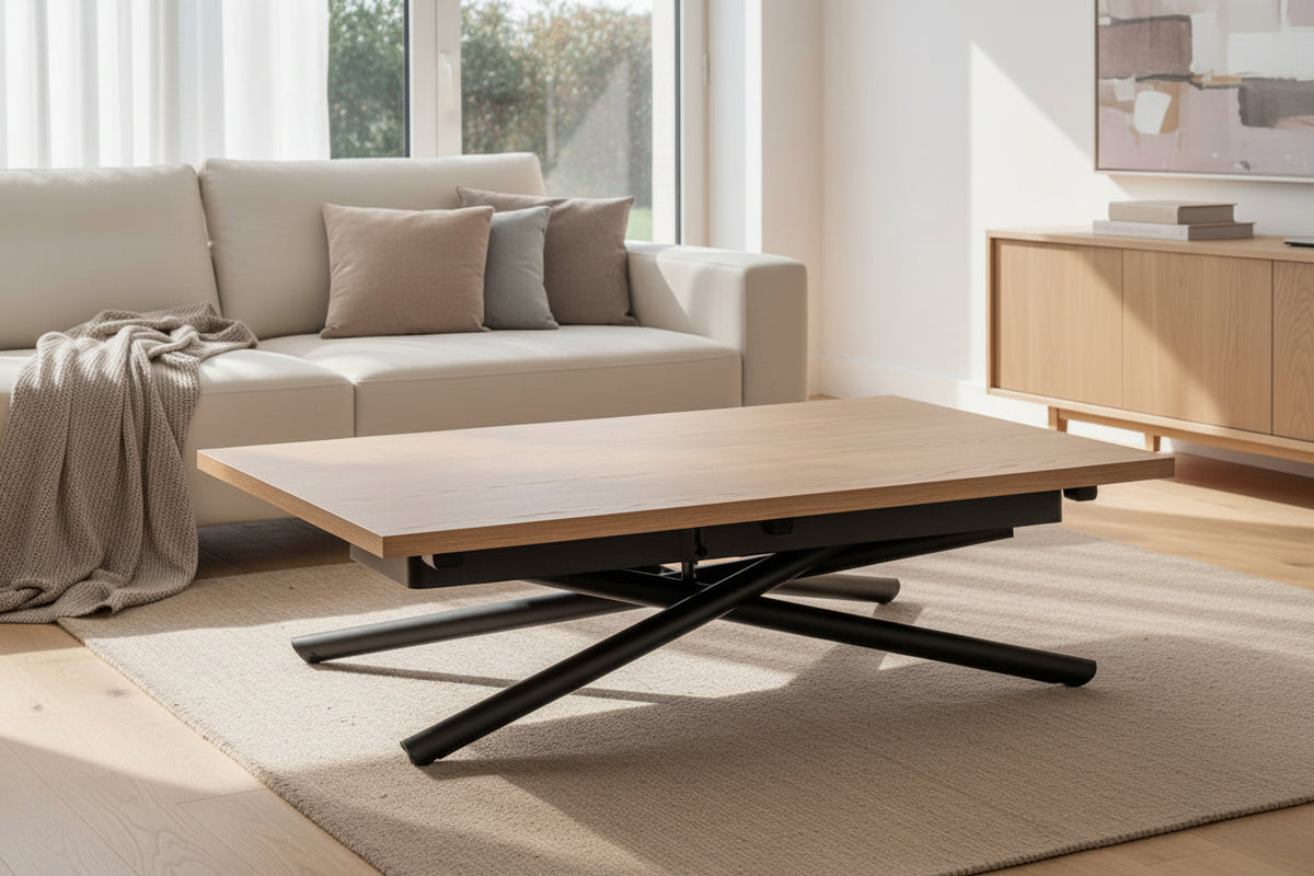Lotus table basse relevable extensible – vue de face, position basse
