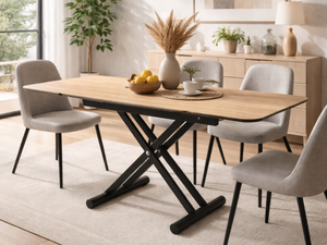 Table basse relevable et extensible en céramique bois pieds métal noir en position haute ouverte - Akante - Souffle d'intérieur
