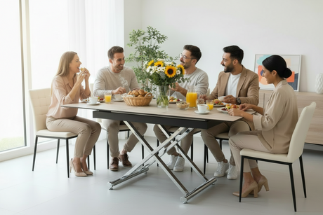 Table basse relevable  et extensible céramique effet bois - Déjeuner avec chaises