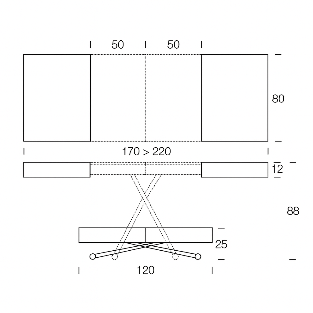 Détails dimensions de la table basse relevable extensible blanche Ulisse - Altacom - Souffle d'Intérieur