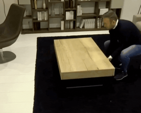 ouverture d'une Table basse relevable extensible en bois 
