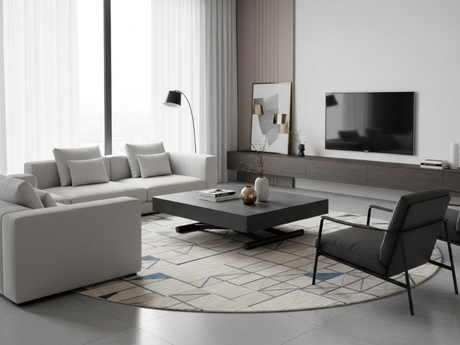 table basse grise ardoise marbre relevable extensible ouverte en ambiancetable basse grise ardoise marbre relevable extensible en ambiance salon