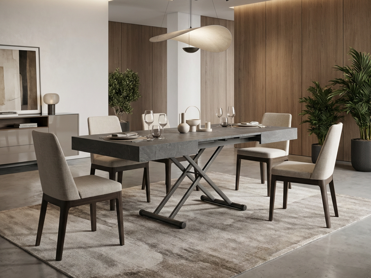 table basse grise ardoise marbre relevable extensible ouverte en ambiance