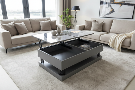 Table basse relevable extensible marbre gris Calacatta en situation