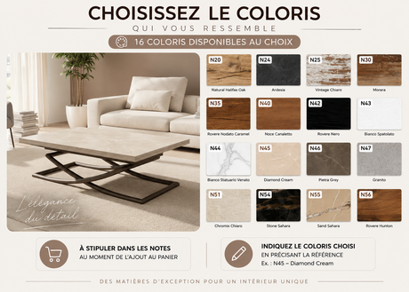 Table basse relevable transformable Sakury – nuancier des coloris disponibles
