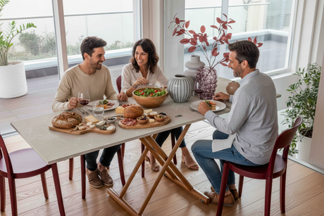 Table basse relevable marbre gris - Déjeuner convivial