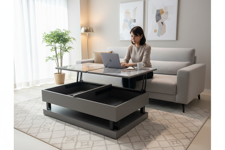 Table basse relevable marbre gris utilisée pour travailler en situation