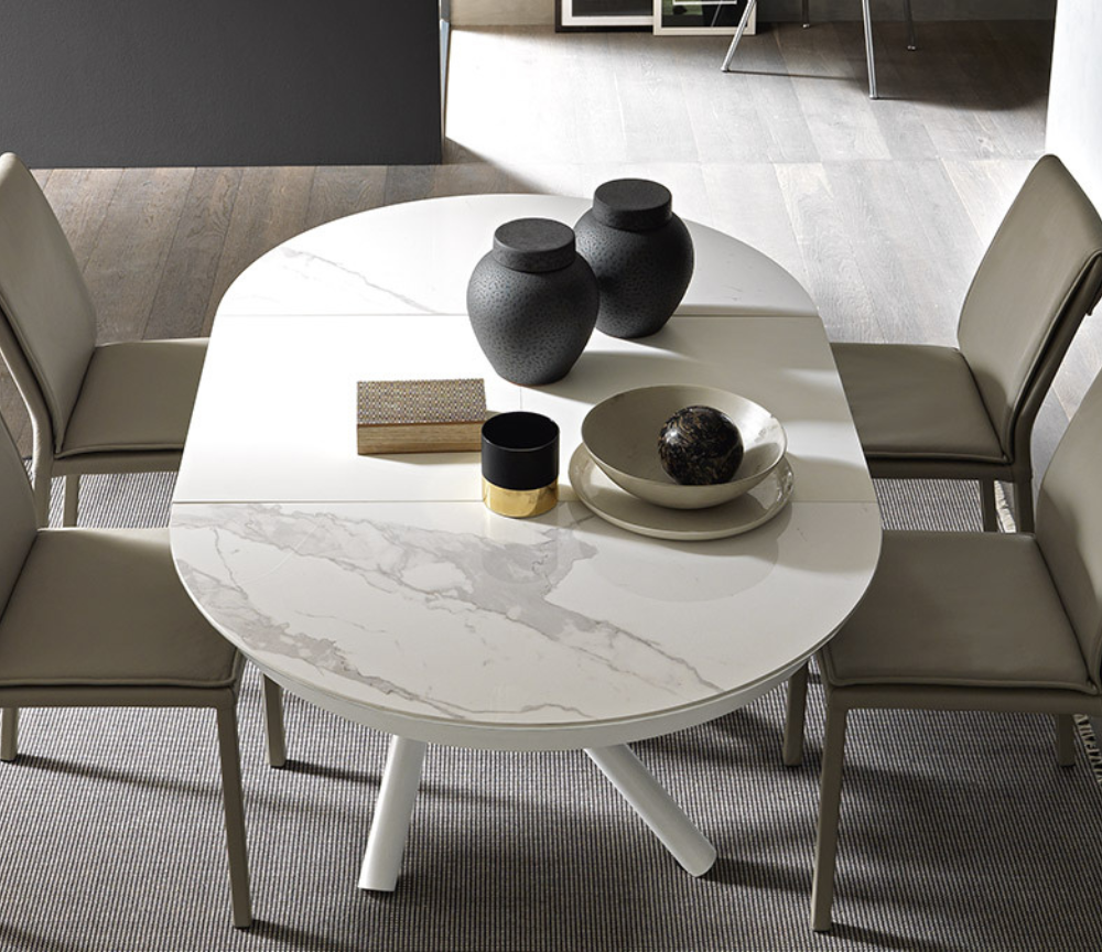 Table basse relevable ronde Helios Altacom, plateau céramique marbre blanc brillant