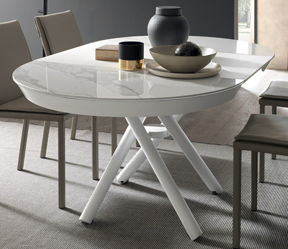 Table basse ronde Helios Altacom en céramique marbre blanc, hauteur réglable et plateau extensible