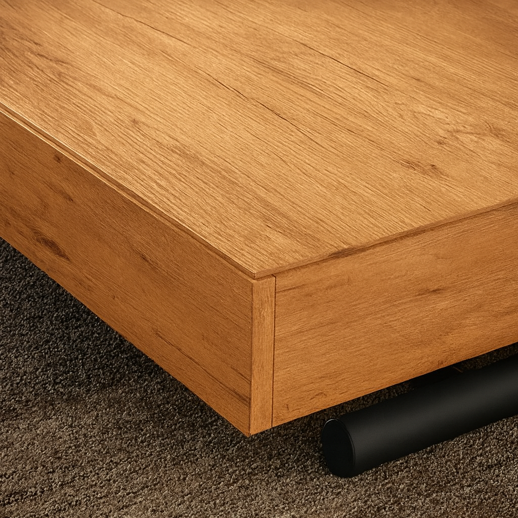 Détail du plateau en bois et du piètement de la table basse relevable Steven