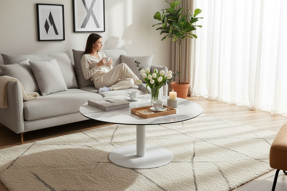 Table basse ronde céramique marbre blanc - Salon contemporain