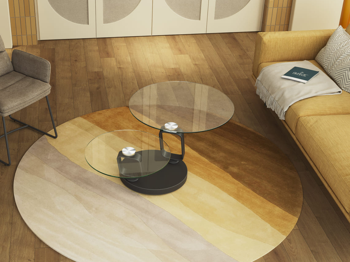Adrien table basse en verre pivotante – vue de face, plateaux fermés