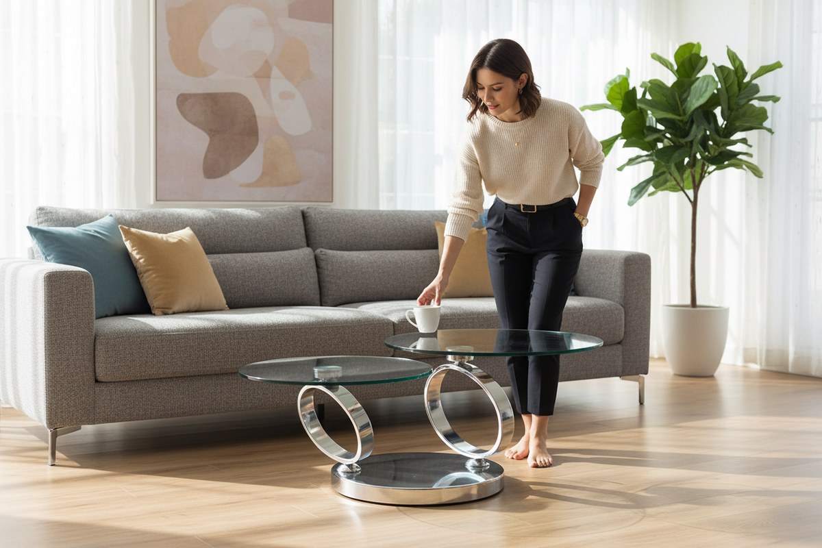 Table basse de salon en verre Olivia ouverte, avec une femme s'apprêtant à faire pivoter le plateau