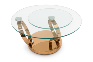 Table basse pivotante Olivia – vue 3/4 – fermé – verre trempé transparent – base métal or cuivré