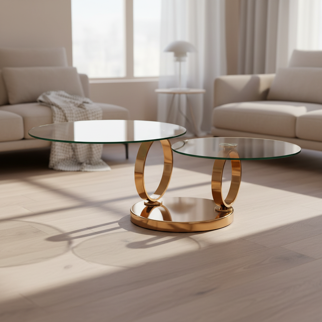 Table basse pivotante Olivia – vue de face – verre trempé transparent – base métal or cuivré laiton