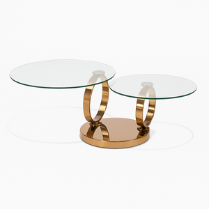 Table basse pivotante Olivia – vue de face – verre trempé transparent – base métal or cuivré