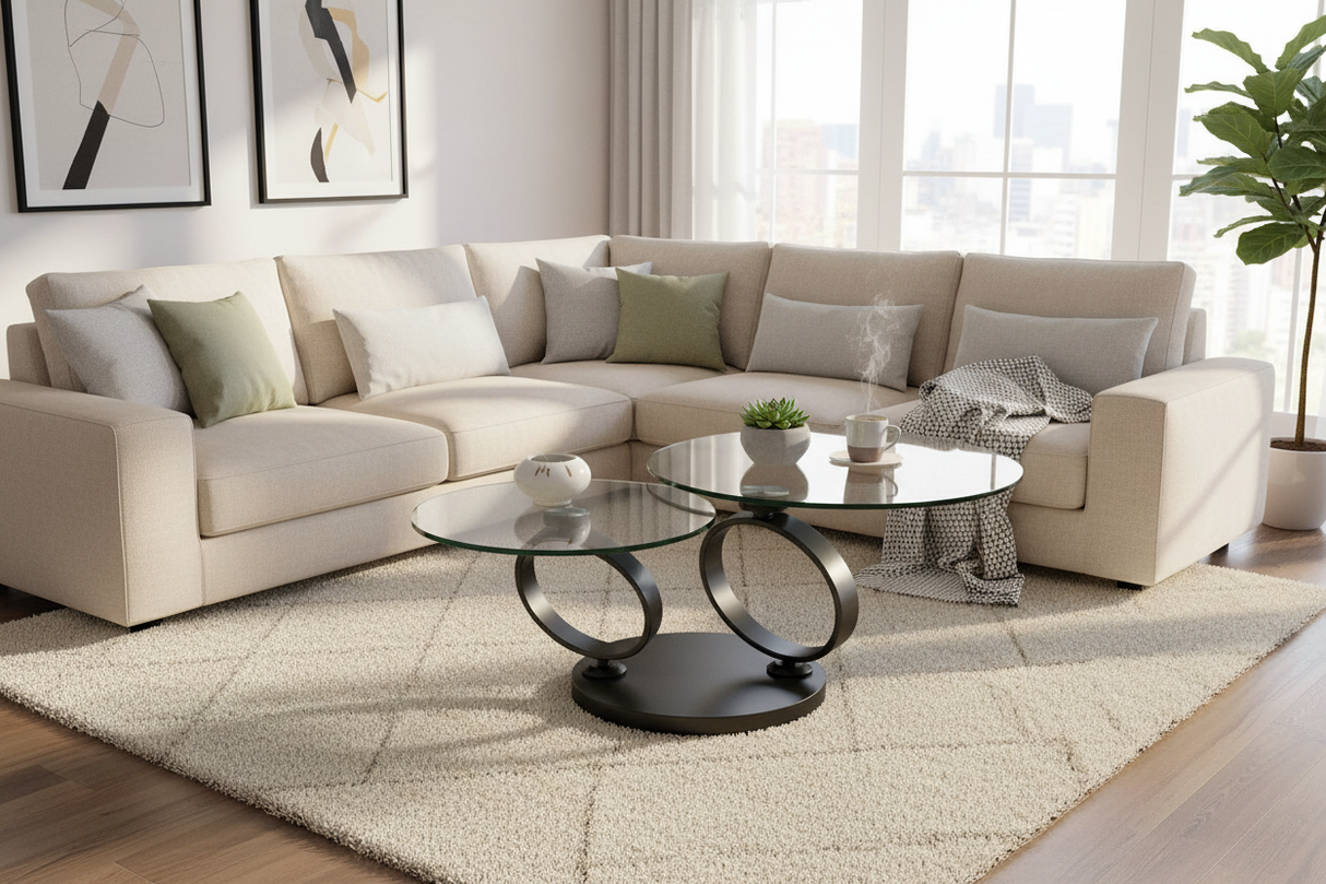 Table basse ronde pivotante en verre en ambiance dans un salon contemporain