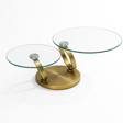 Table basse pivotante Olivia – vue 3/4 – verre trempé transparent – pieds métal bronze mat