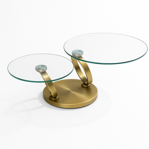 Table basse pivotante Olivia – vue 3/4 – verre trempé transparent – pieds métal bronze mat