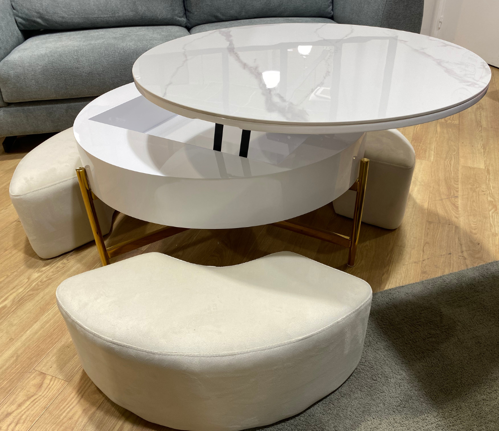 table basse ronde plateau relevable céramique blanche avec 3 poufs - Souffle d'intérieur