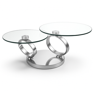 Table basse ronde en verre pivotante Olivia – vue de face, piétement chrome brillant rond
