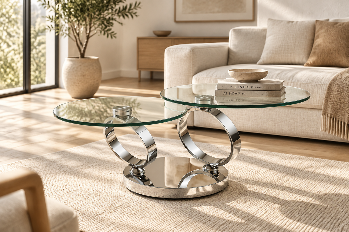 Table basse en verre pivotante Olivia en position ouverte avec structure chromée
