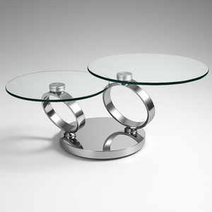 Table basse ronde en verre pivotante Olivia – vue de face, piétement chrome

