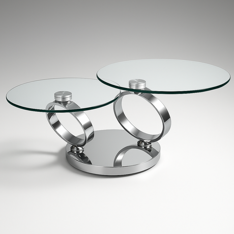 Table basse ronde en verre pivotante Olivia – vue de face, piétement chrome
