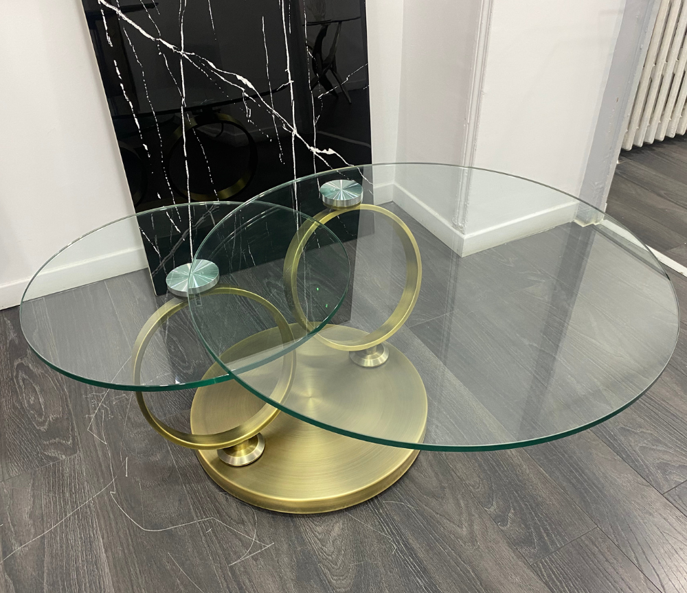 Table basse en verre design ronde pivotant pied bronze - Olivia